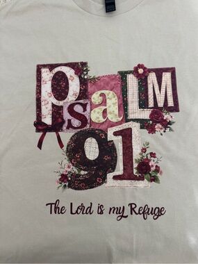 Hand Crafted Sage Short Sleeve Tee with Burgundy & Pink Floral Appliqué